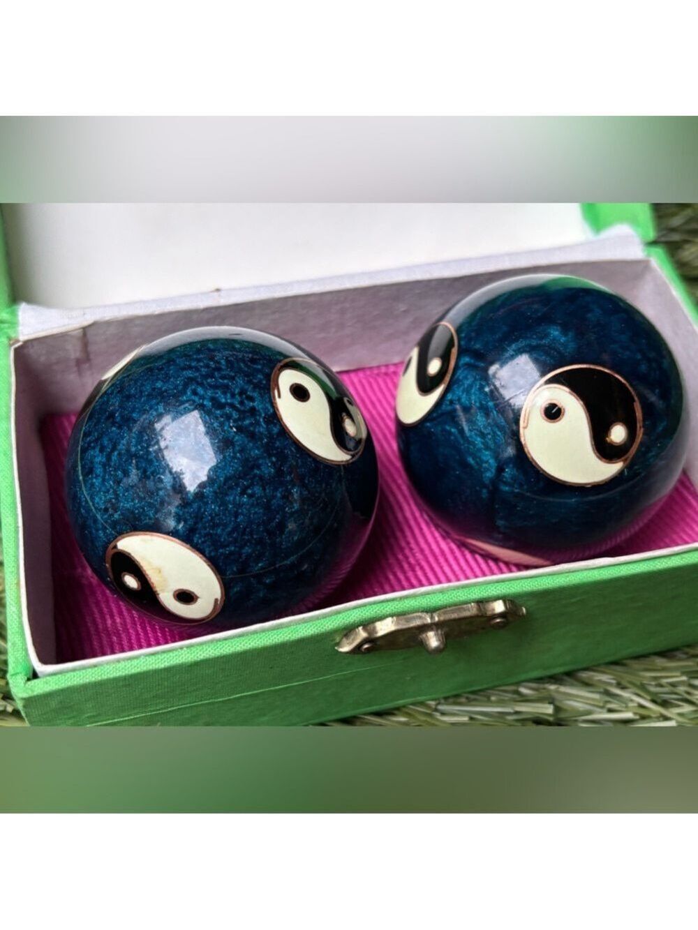 VINTAGE Cloisonné Yin-Yang Baoding Balls • Deep Blue Enamel • Meditation Chime - Picture 3 of 11